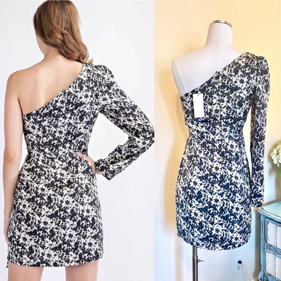 NWT One Shoulder, Faux Wrap, Side Tie Mini Cocktail Dress. Black & White, Medium - Picture 7 of 8